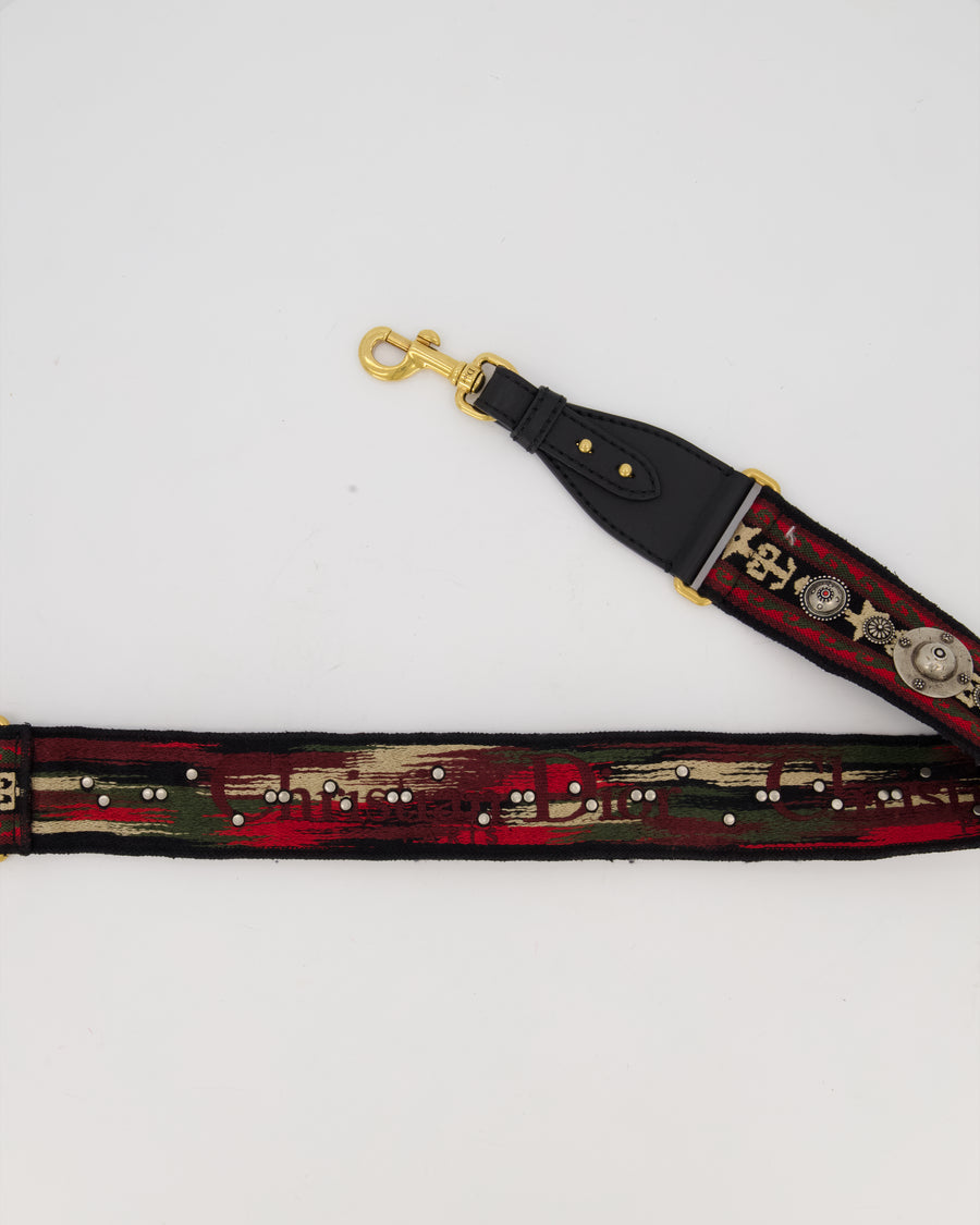 Christian Dior Embroidered Studded Red and Green Bohemian Shoulder Strap with Mixed Metal Hardware