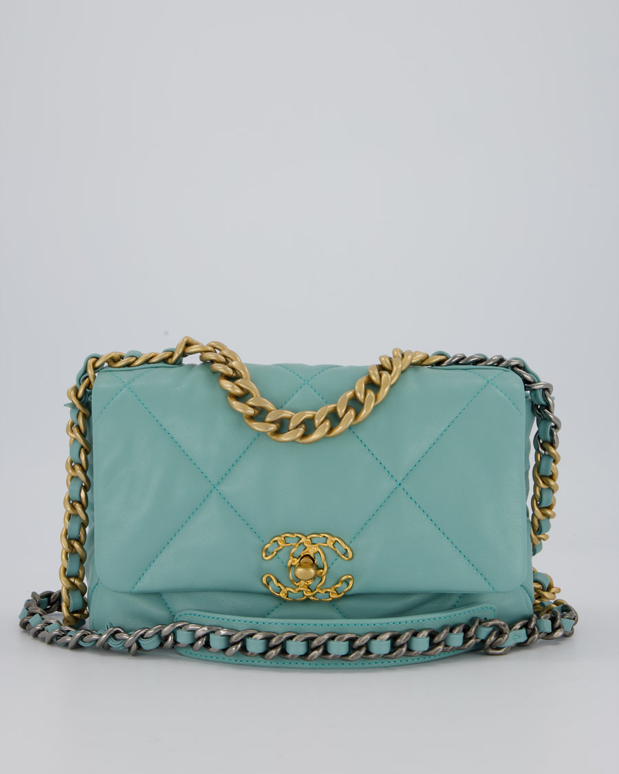 Chanel Small 19 Flap Bag in Aqua Blue Quilted Goatskin Leather with Mixed Hardware