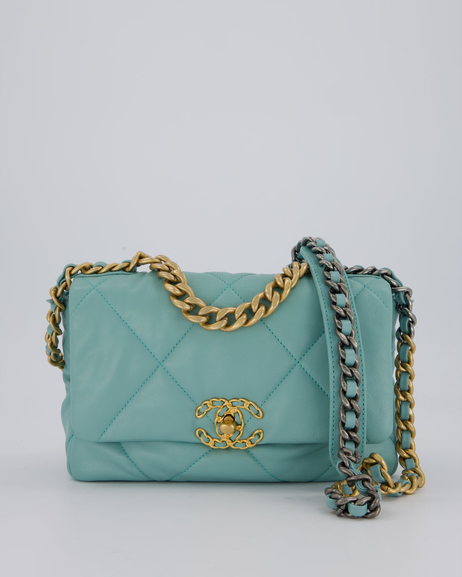 Chanel Small 19 Flap Bag in Aqua Blue Quilted Goatskin Leather with Mixed Hardware