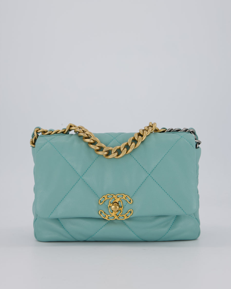 Chanel Small 19 Flap Bag in Aqua Blue Quilted Goatskin Leather with Mixed Hardware