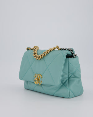Chanel Small 19 Flap Bag in Aqua Blue Quilted Goatskin Leather with Mixed Hardware
