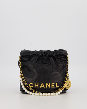 Chanel Mini 22 Bag in Black Calfskin Leather with Gold Hardware and Pearl Detail on Strap