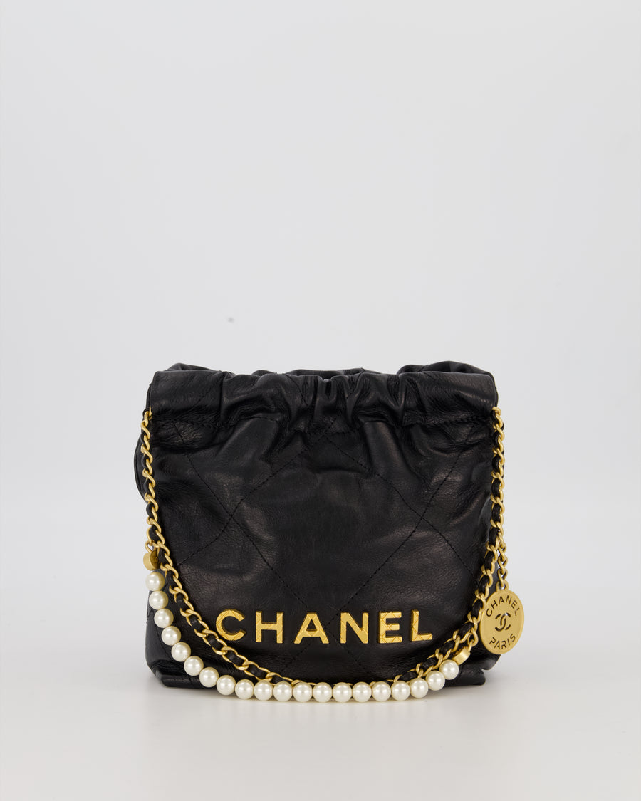 Chanel Mini 22 Bag in Black Calfskin Leather with Gold Hardware and Pearl Detail on Strap
