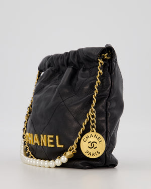 Chanel Mini 22 Bag in Black Calfskin Leather with Gold Hardware and Pearl Detail on Strap
