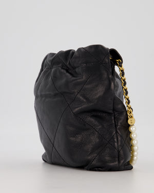 Chanel Mini 22 Bag in Black Calfskin Leather with Gold Hardware and Pearl Detail on Strap