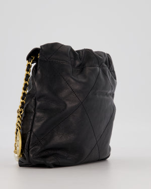 Chanel Mini 22 Bag in Black Calfskin Leather with Gold Hardware and Pearl Detail on Strap