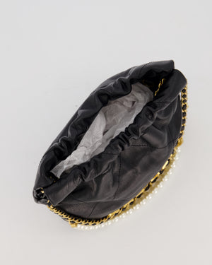 Chanel Mini 22 Bag in Black Calfskin Leather with Gold Hardware and Pearl Detail on Strap
