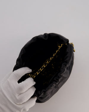 Chanel Mini 22 Bag in Black Calfskin Leather with Gold Hardware and Pearl Detail on Strap