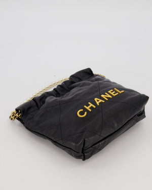 Chanel Mini 22 Bag in Black Calfskin Leather with Gold Hardware and Pearl Detail on Strap