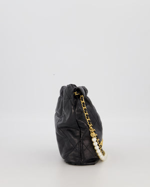Chanel Mini 22 Bag in Black Calfskin Leather with Gold Hardware and Pearl Detail on Strap