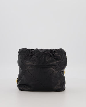Chanel Mini 22 Bag in Black Calfskin Leather with Gold Hardware and Pearl Detail on Strap