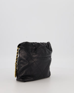 Chanel Mini 22 Bag in Black Calfskin Leather with Gold Hardware and Pearl Detail on Strap