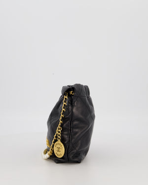 Chanel Mini 22 Bag in Black Calfskin Leather with Gold Hardware and Pearl Detail on Strap