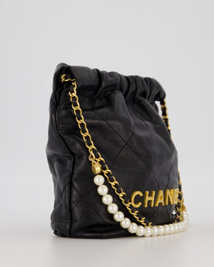 Chanel Mini 22 Bag in Black Calfskin Leather with Gold Hardware and Pearl Detail on Strap