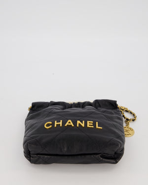 Chanel Mini 22 Bag in Black Calfskin Leather with Gold Hardware and Pearl Detail on Strap