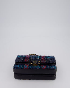 Chanel Coco Mark Double Flap Bag in Navy, Red and Purple Tweed with Navy Lambskin Trim and CC Logo Inlay Hardware