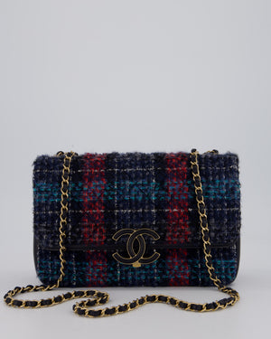 Chanel Coco Mark Double Flap Bag in Navy, Red and Purple Tweed with Navy Lambskin Trim and CC Logo Inlay Hardware