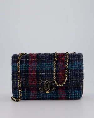 Chanel Coco Mark Double Flap Bag in Navy, Red and Purple Tweed with Navy Lambskin Trim and CC Logo Inlay Hardware