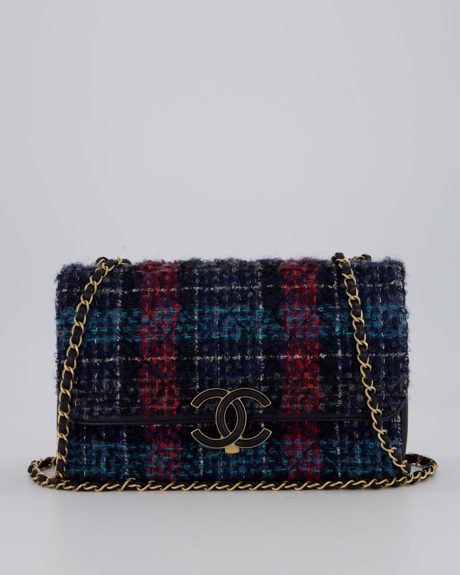Chanel Coco Mark Double Flap Bag in Navy, Red and Purple Tweed with Navy Lambskin Trim and CC Logo Inlay Hardware