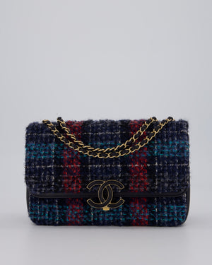 Chanel Coco Mark Double Flap Bag in Navy, Red and Purple Tweed with Navy Lambskin Trim and CC Logo Inlay Hardware