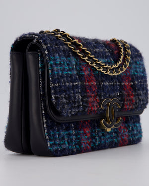 Chanel Coco Mark Double Flap Bag in Navy, Red and Purple Tweed with Navy Lambskin Trim and CC Logo Inlay Hardware