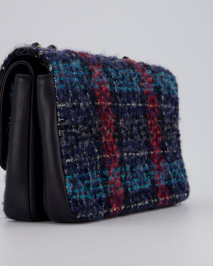Chanel Coco Mark Double Flap Bag in Navy, Red and Purple Tweed with Navy Lambskin Trim and CC Logo Inlay Hardware