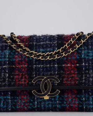 Chanel Coco Mark Double Flap Bag in Navy, Red and Purple Tweed with Navy Lambskin Trim and CC Logo Inlay Hardware