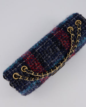 Chanel Coco Mark Double Flap Bag in Navy, Red and Purple Tweed with Navy Lambskin Trim and CC Logo Inlay Hardware