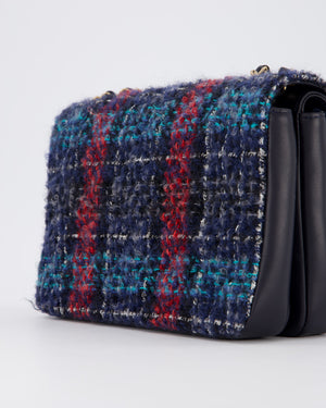 Chanel Coco Mark Double Flap Bag in Navy, Red and Purple Tweed with Navy Lambskin Trim and CC Logo Inlay Hardware