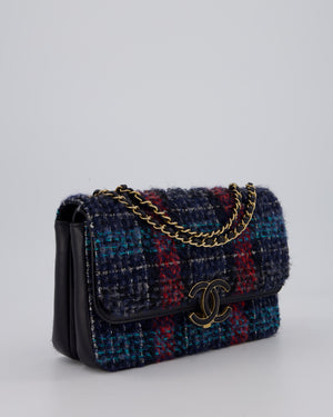 Chanel Coco Mark Double Flap Bag in Navy, Red and Purple Tweed with Navy Lambskin Trim and CC Logo Inlay Hardware
