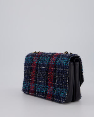 Chanel Coco Mark Double Flap Bag in Navy, Red and Purple Tweed with Navy Lambskin Trim and CC Logo Inlay Hardware