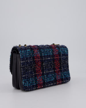 Chanel Coco Mark Double Flap Bag in Navy, Red and Purple Tweed with Navy Lambskin Trim and CC Logo Inlay Hardware