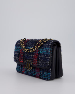 Chanel Coco Mark Double Flap Bag in Navy, Red and Purple Tweed with Navy Lambskin Trim and CC Logo Inlay Hardware