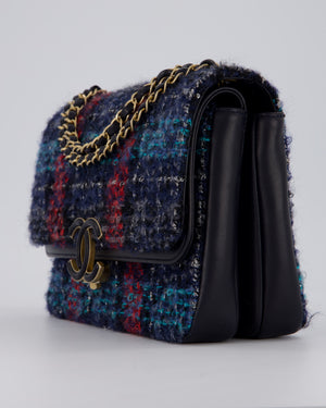 Chanel Coco Mark Double Flap Bag in Navy, Red and Purple Tweed with Navy Lambskin Trim and CC Logo Inlay Hardware