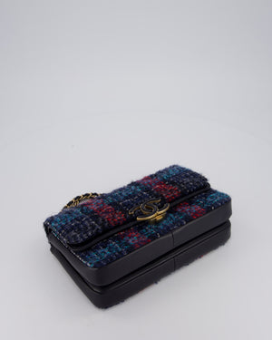 Chanel Coco Mark Double Flap Bag in Navy, Red and Purple Tweed with Navy Lambskin Trim and CC Logo Inlay Hardware