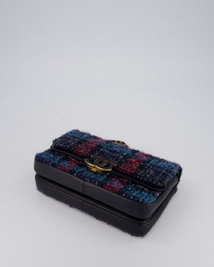 Chanel Coco Mark Double Flap Bag in Navy, Red and Purple Tweed with Navy Lambskin Trim and CC Logo Inlay Hardware