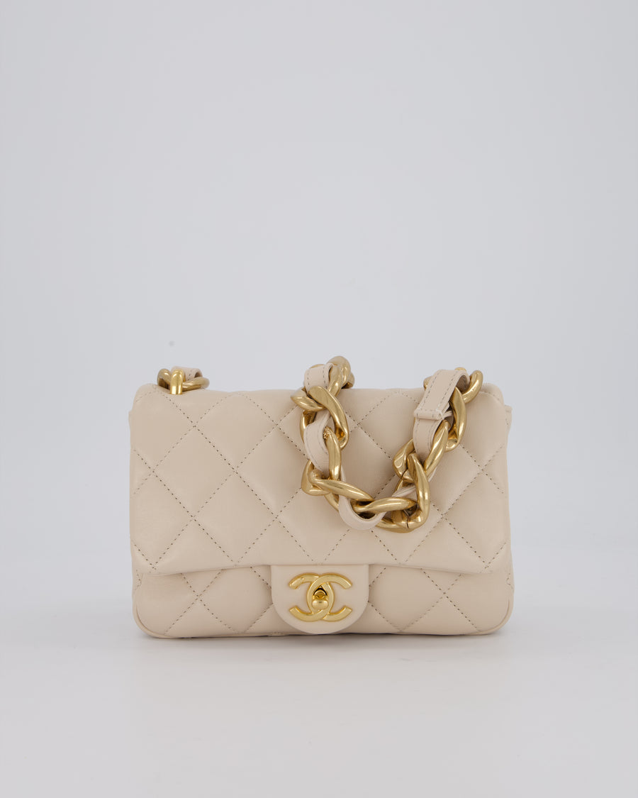 Chanel Small Funky Town Flap in Cream Lambskin with Gold Hardware and Chunky Chain