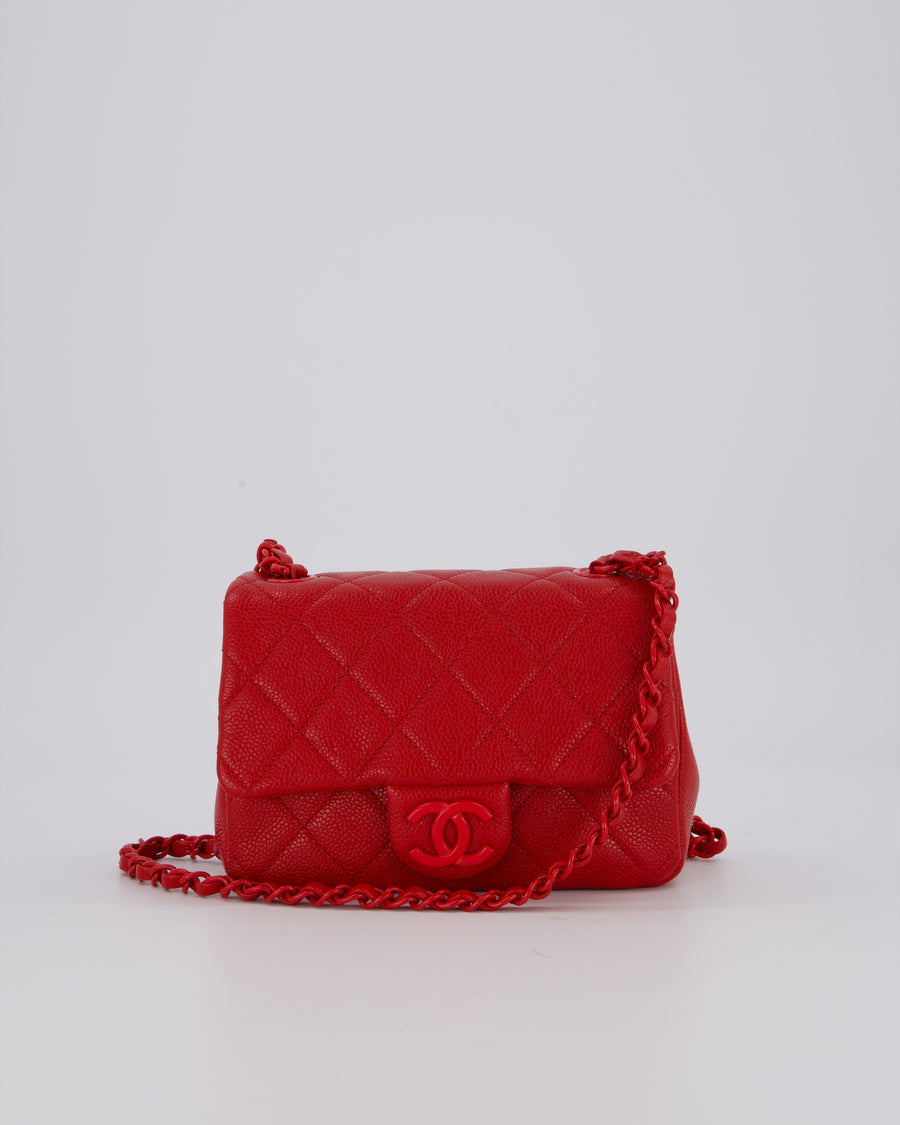 Chanel Red Mini Square Incognito Flap Bag In Caviar Leather With Red Hardware