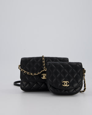 Chanel Side Packs Two Pieces Bag in Black Quilted Lambskin Leather with Champagne Gold Hardware
