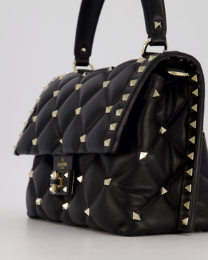 Valentino Candystud Top Handle Flap Bag In Black Calfskin Leather with Champagne Gold Hardware