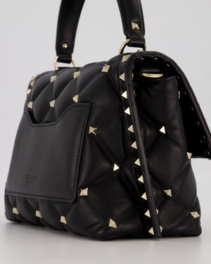 Valentino Candystud Top Handle Flap Bag In Black Calfskin Leather with Champagne Gold Hardware