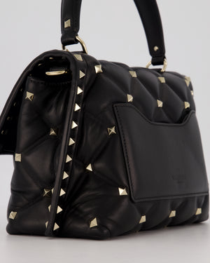 Valentino Candystud Top Handle Flap Bag In Black Calfskin Leather with Champagne Gold Hardware