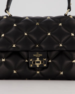 Valentino Candystud Top Handle Flap Bag In Black Calfskin Leather with Champagne Gold Hardware