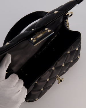 Valentino Candystud Top Handle Flap Bag In Black Calfskin Leather with Champagne Gold Hardware