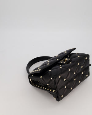 Valentino Candystud Top Handle Flap Bag In Black Calfskin Leather with Champagne Gold Hardware