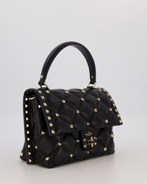 Valentino Candystud Top Handle Flap Bag In Black Calfskin Leather with Champagne Gold Hardware