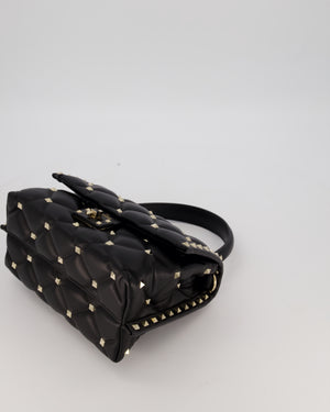 Valentino Candystud Top Handle Flap Bag In Black Calfskin Leather with Champagne Gold Hardware
