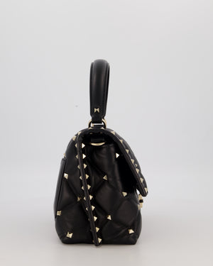 Valentino Candystud Top Handle Flap Bag In Black Calfskin Leather with Champagne Gold Hardware