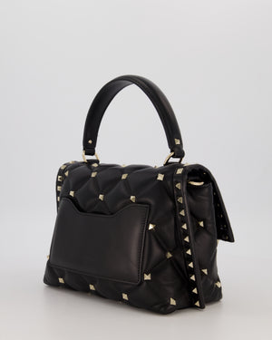 Valentino Candystud Top Handle Flap Bag In Black Calfskin Leather with Champagne Gold Hardware