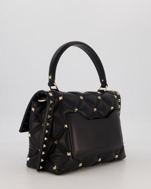 Valentino Candystud Top Handle Flap Bag In Black Calfskin Leather with Champagne Gold Hardware